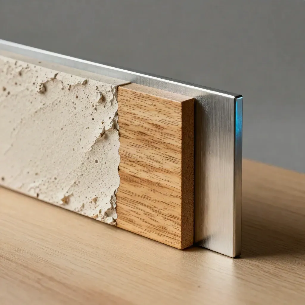 Plaster chip, oak veneer and brushed aluminium samples aligned on pale wood.