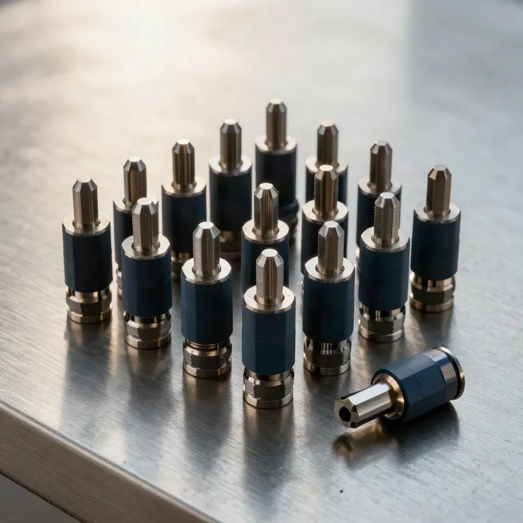 Top-down still life of anodised connector sleeves, aluminium pins, and graphite blocks on brushed steel.