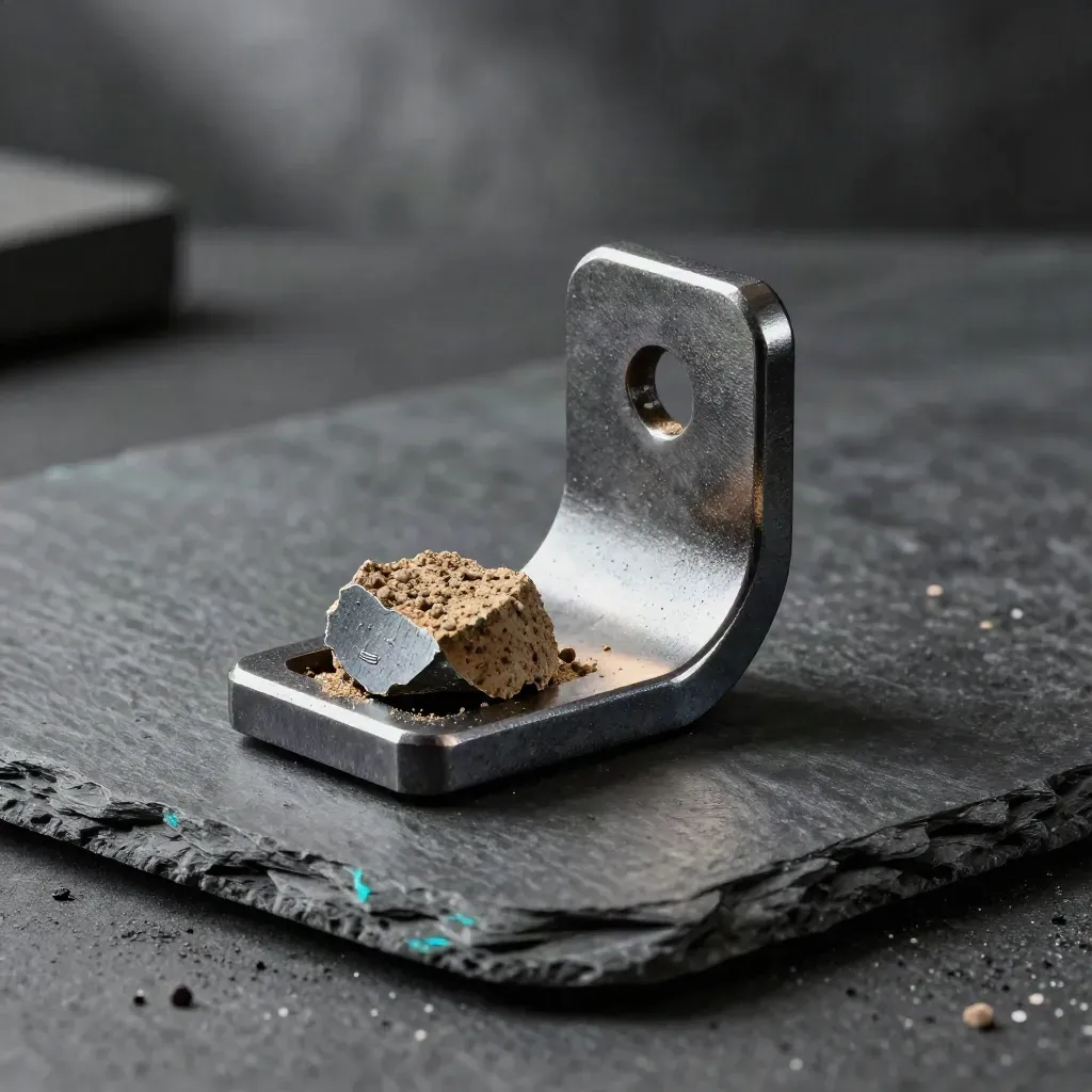 Forged steel bracket, casting sand core and billet fragment on slate, lit dramatically