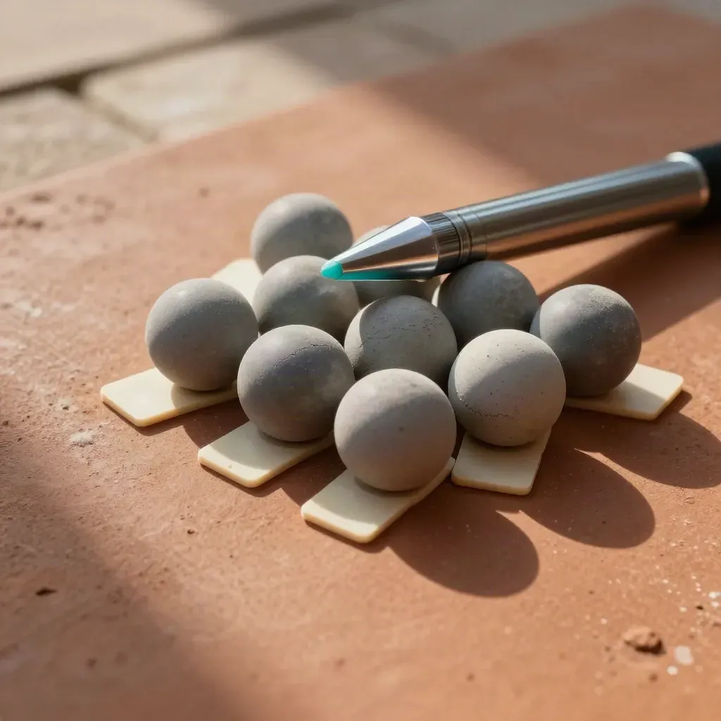 Survey spheres, brushed scan marker, and floor tabs on terracotta clay with overlapping shadows.