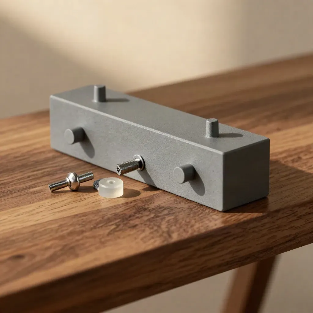 Macro of a matte-grey 3D-printed wall module clicking into an architectural model slot.