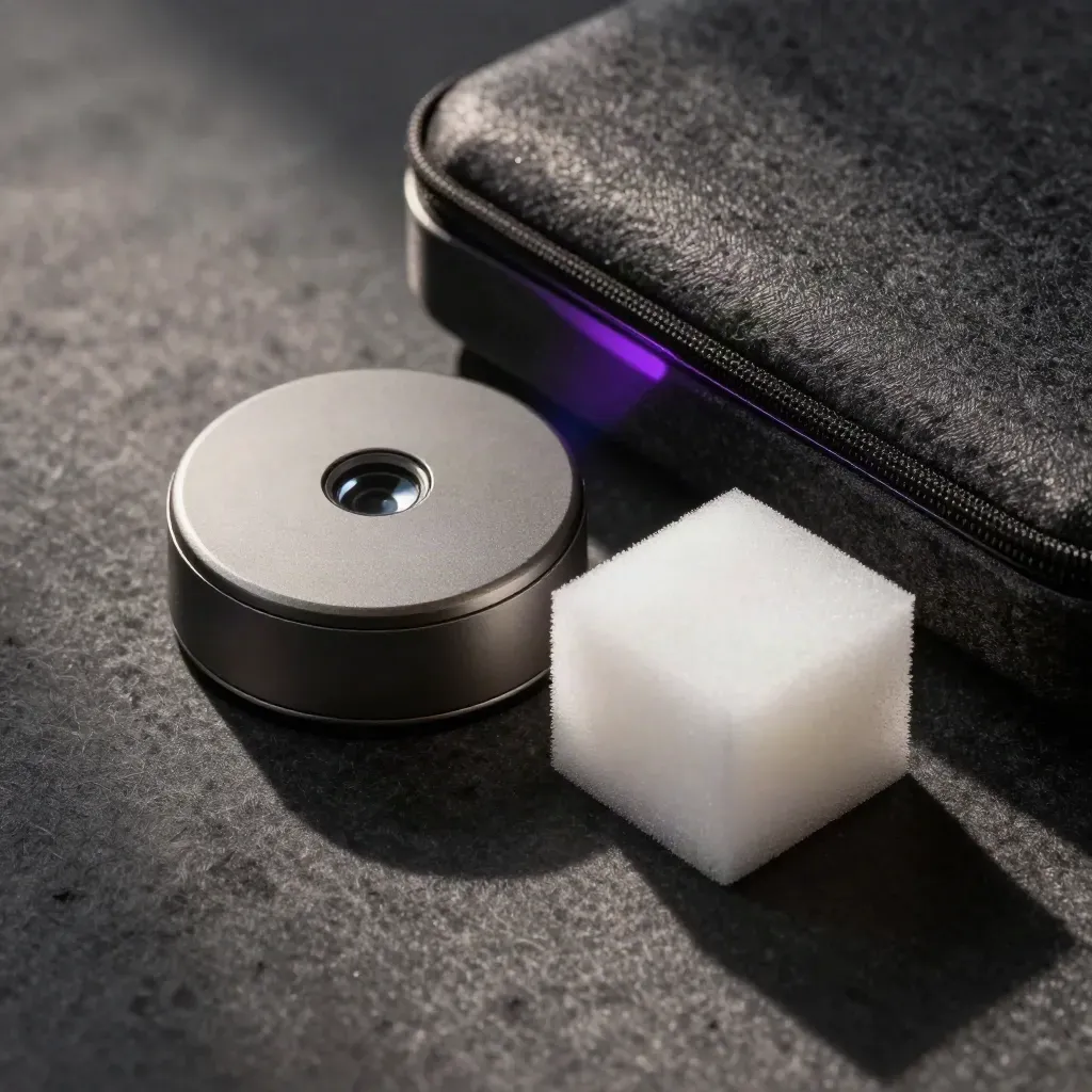 Depth-sensing puck, foam cube and lens cap on graphite felt under dramatic studio light.