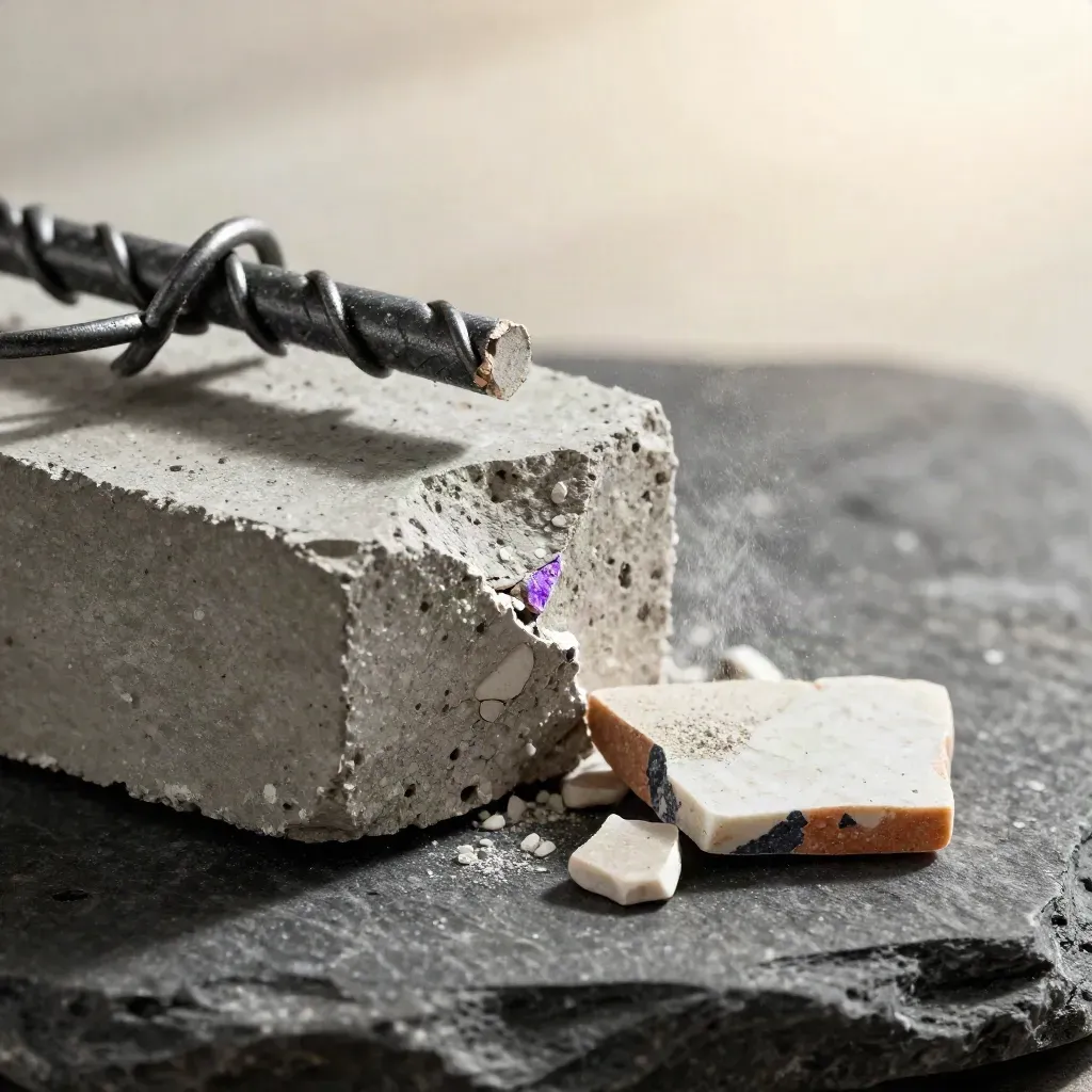 Macro still life of concrete core, rebar tie coil, and terrazzo chip on dark stone