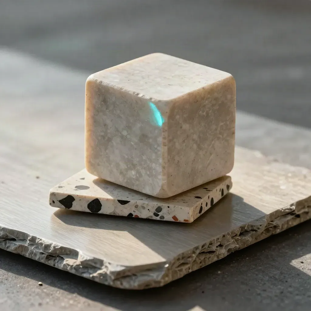 Slate, stone cube and terrazzo fragment stacked on brushed metal with dramatic light