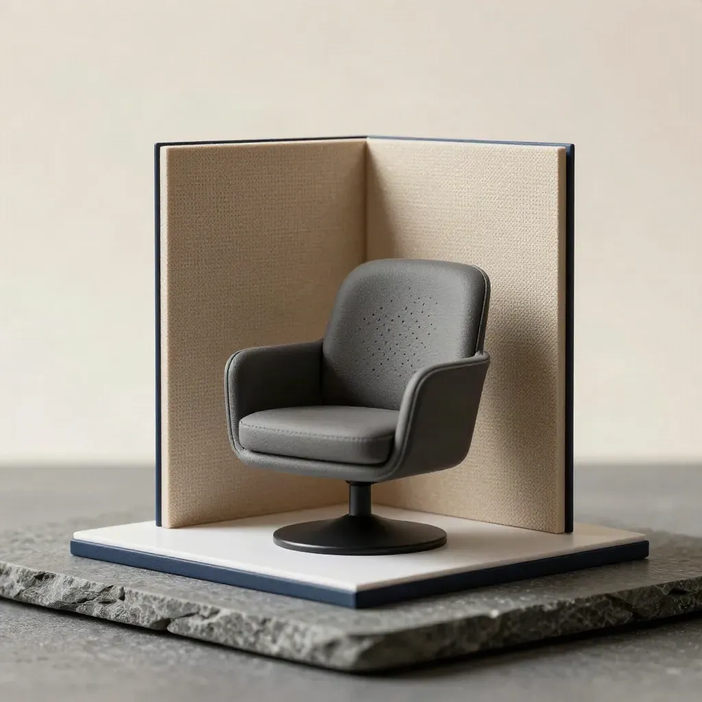 Mini swivel chair, acoustic panel sample, and display plinth on graphite stone