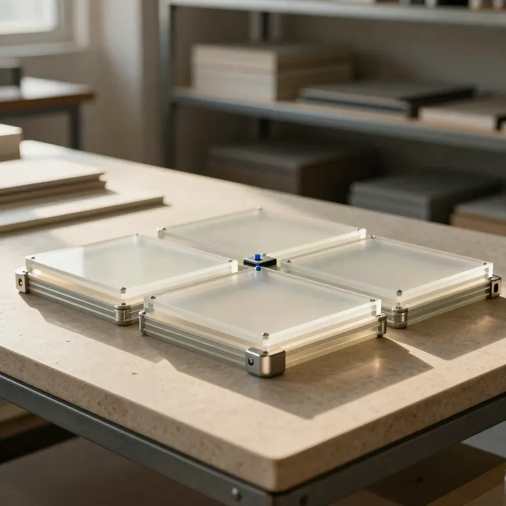Aluminium corner pieces, acrylic interface tiles, and an alignment block on pale limestone.