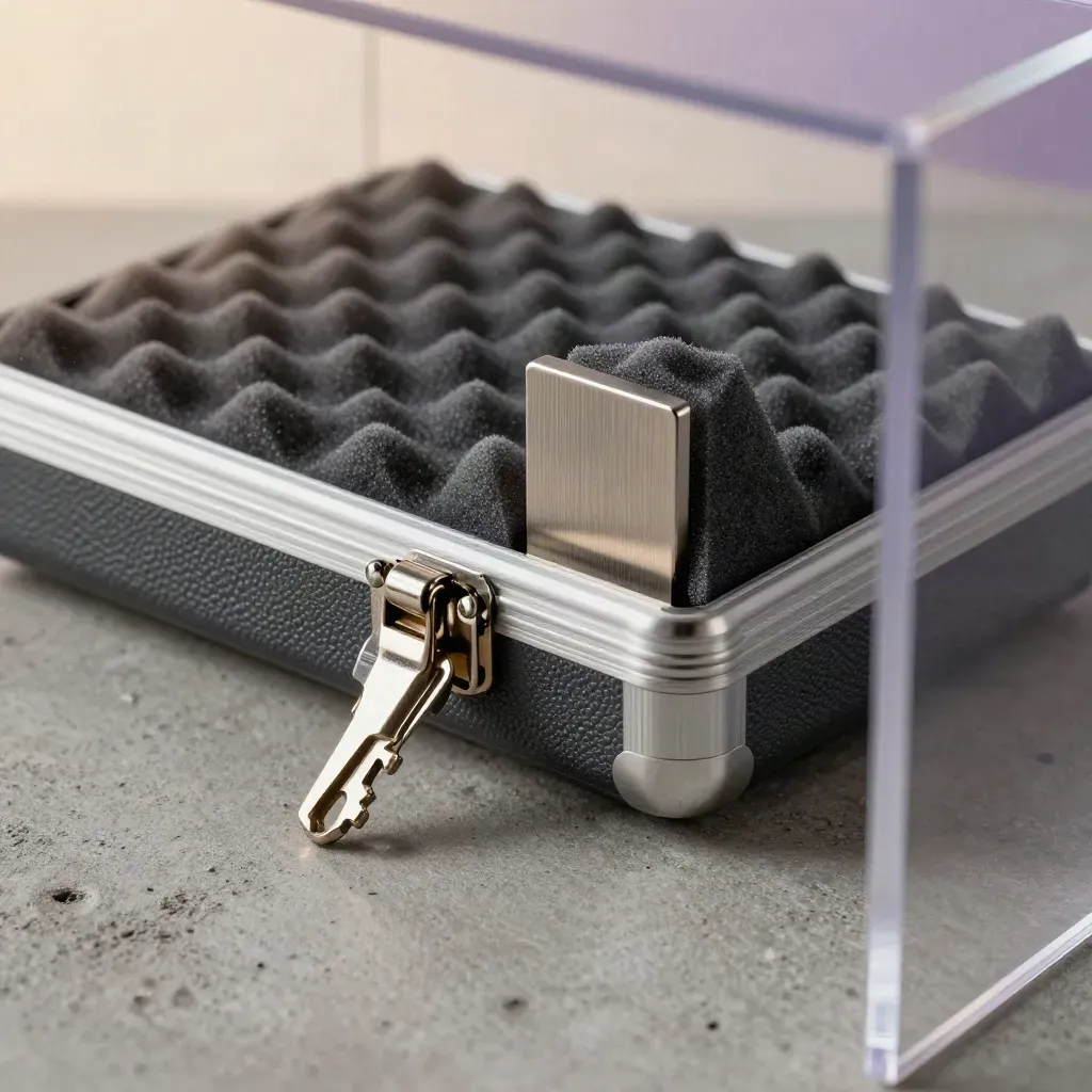 Portable sample case, foam wedge, and brushed-metal block on concrete, seen through soft blur.