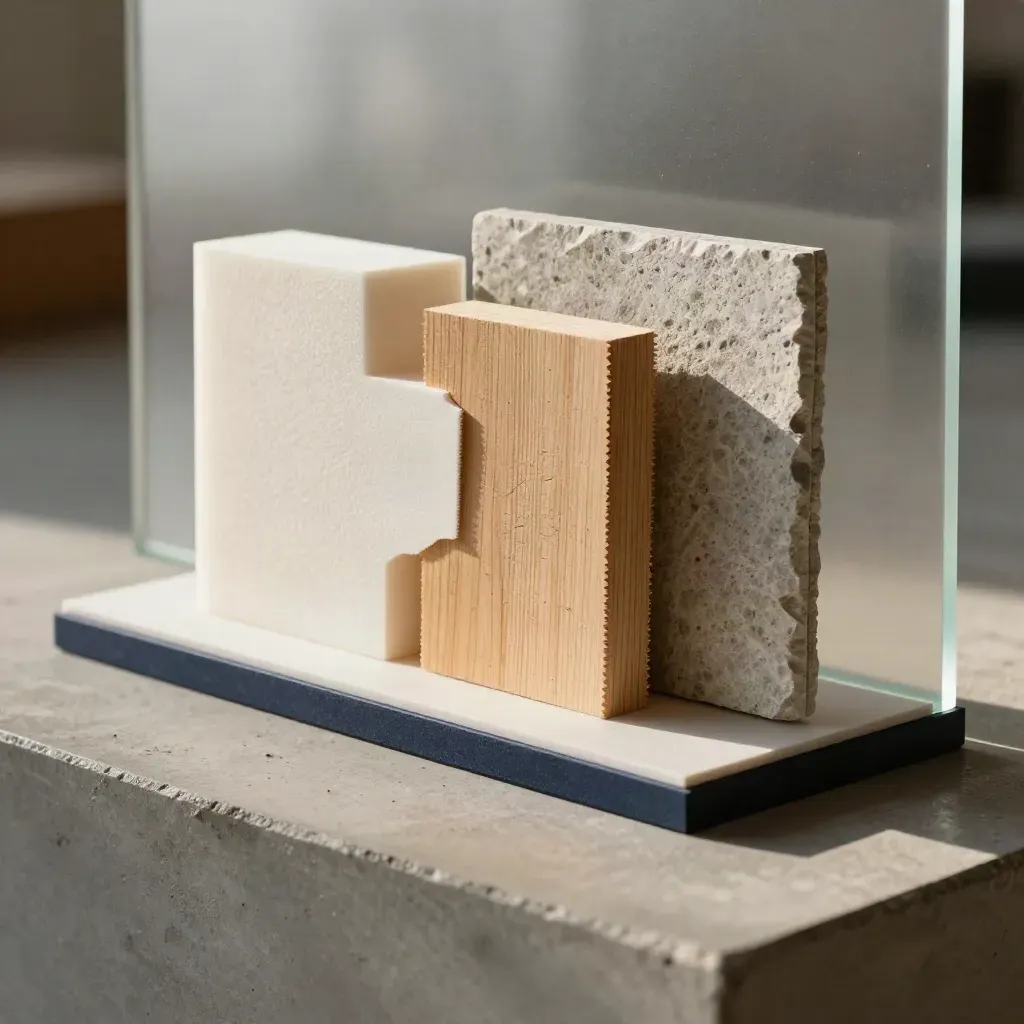 Architectural model with timber and stone samples behind frosted glass, lit softly