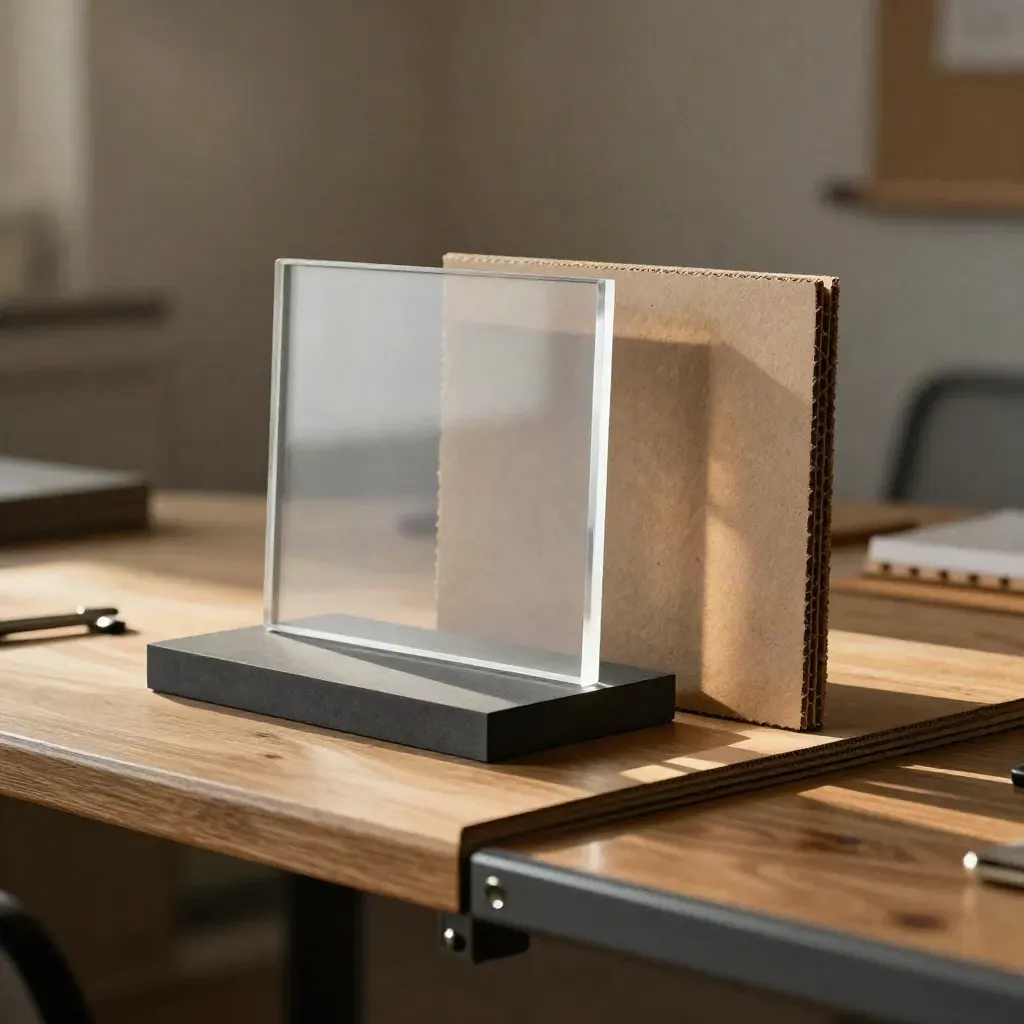 A close-up of acrylic and foam-board presentation materials behind a dark foreground bar.