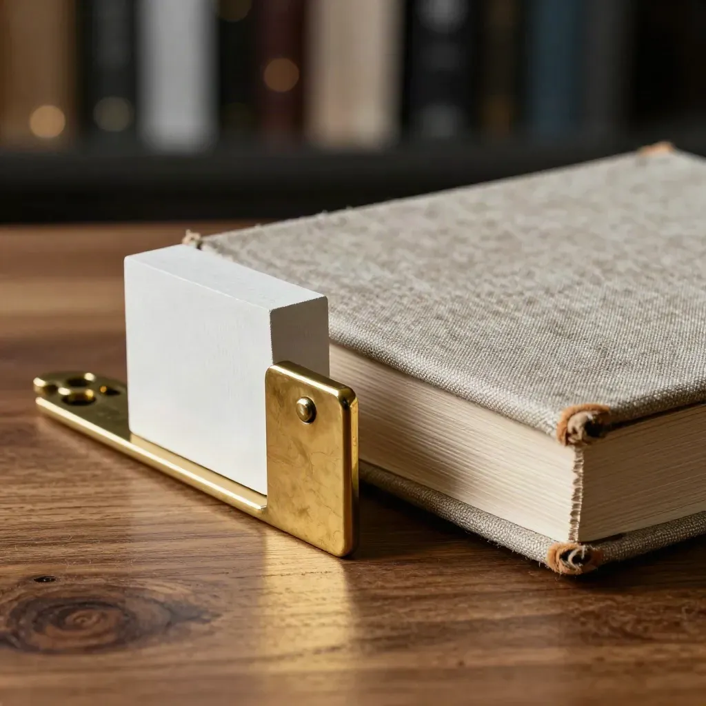 Brass corner brace, site model fragment and linen sample case on walnut with cyan highlights.