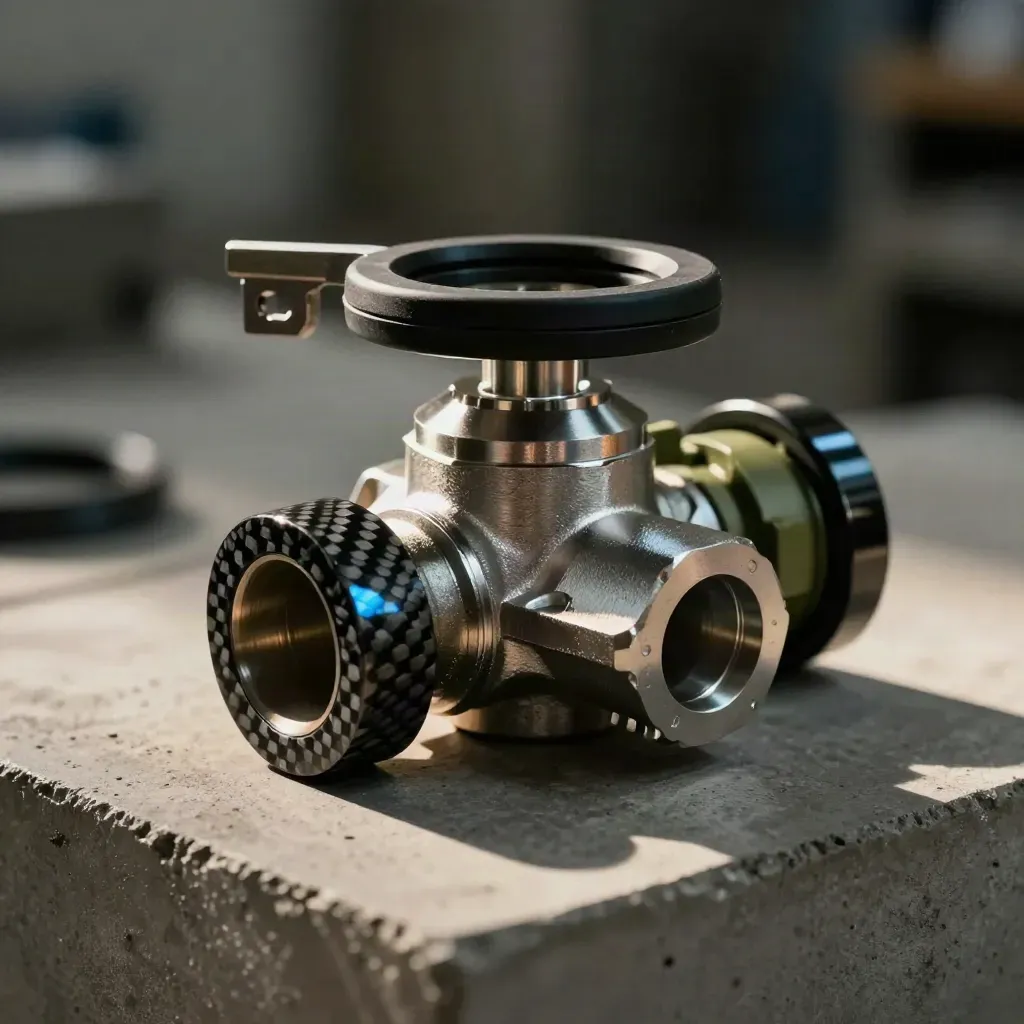 Machined valve body, carbon-fibre offcut and gasket ring on concrete, lit with dramatic industrial shadows.
