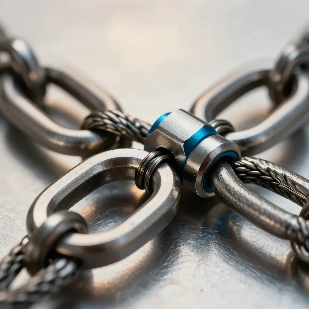 Overhead macro of linked machined rings and cable grommets on brushed steel with a cyan accent.
