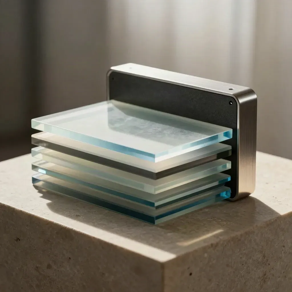 Translucent acrylic tiles, spacer and aluminium frame stacked on limestone under dramatic light.