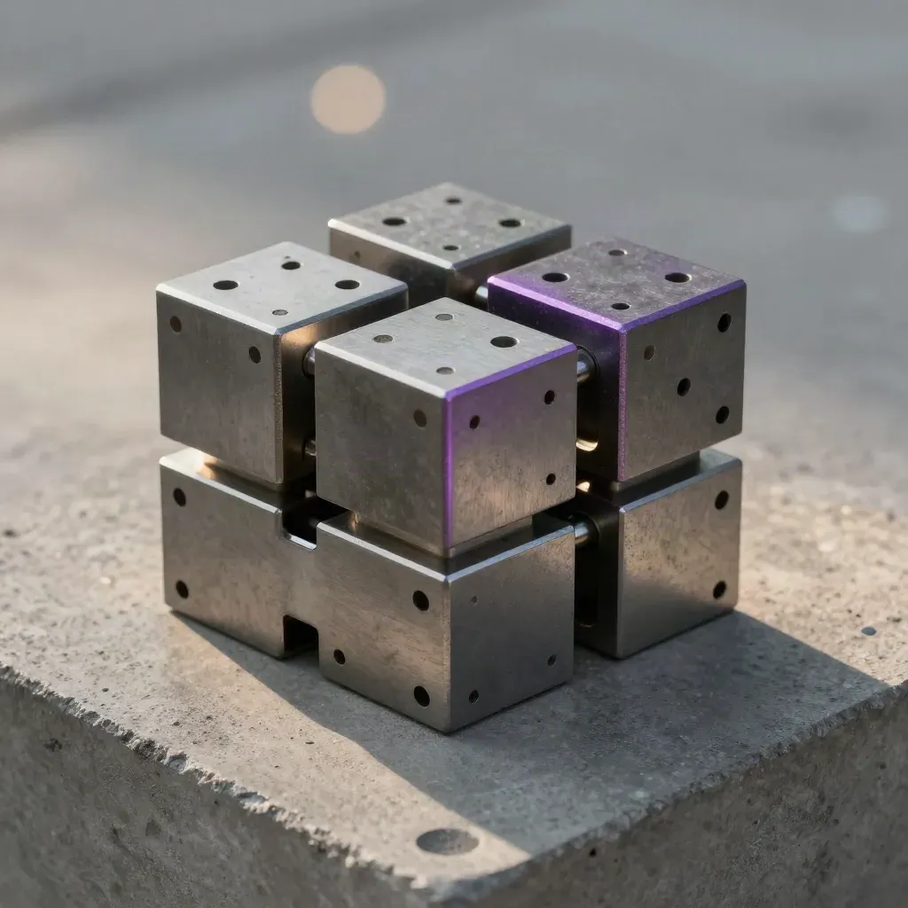 Perforated steel plate with nested square blocks and a rail connector on concrete-grey stone.