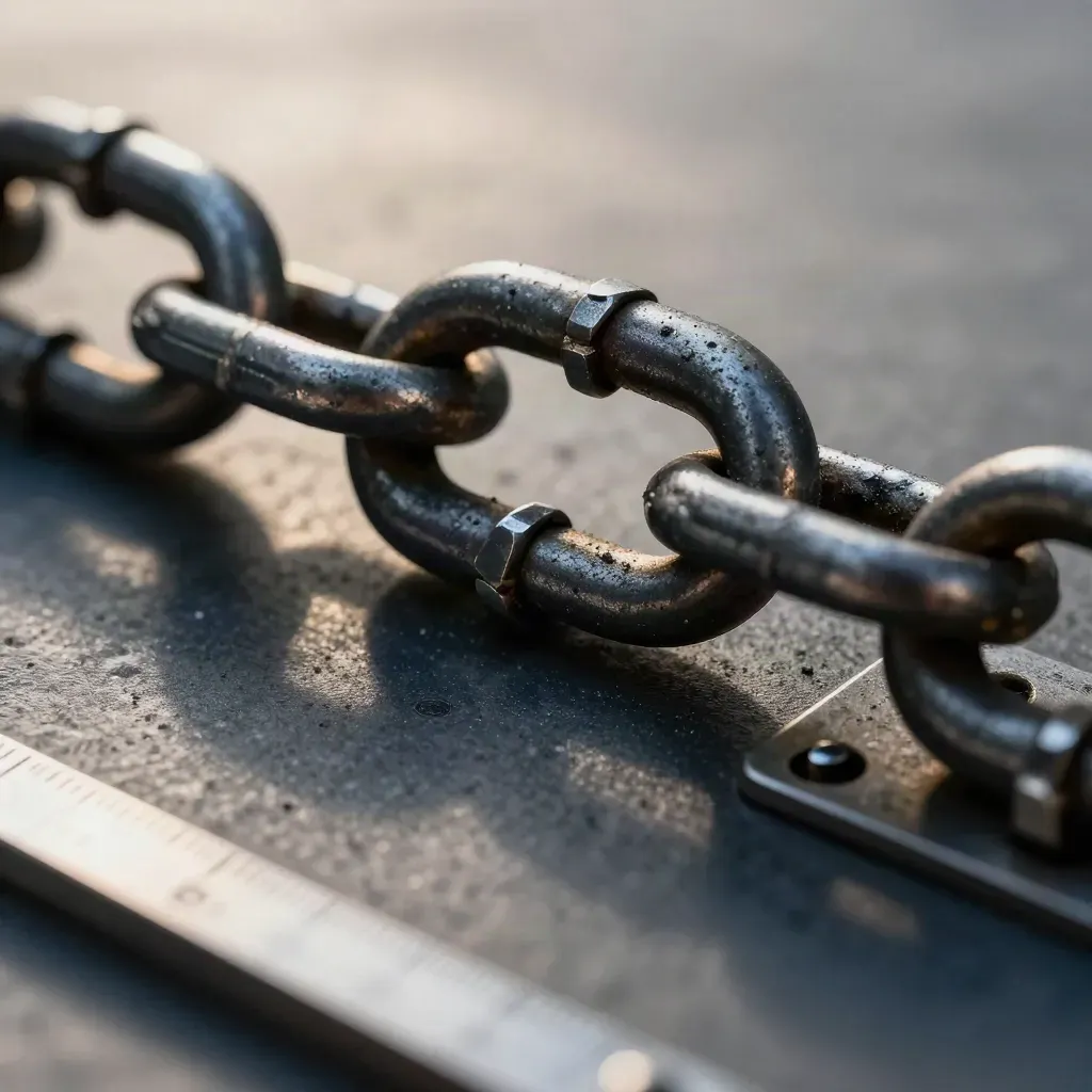 Blackened steel chain link, hex standoffs and hinge plate on graphite stone in tight macro.
